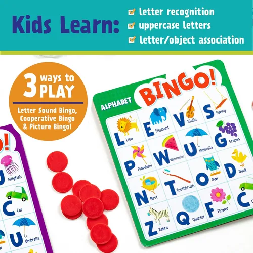 Vista 4 de Peaceable Kingdom ¡Alfabeto Bingo! Juego educativo de mesa para aprender letras para 2 a 6 niños de 4+ años