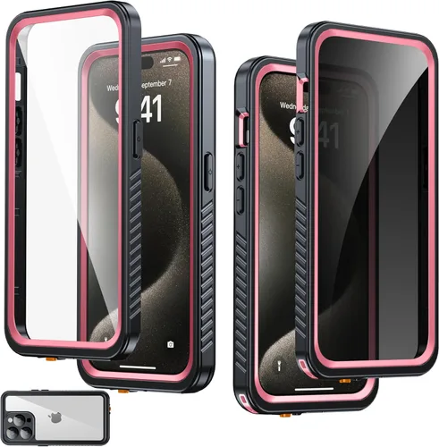 Vista 10 de Funda impermeable para iPhone 15, protector de pantalla de privacidad integrado y protector de pantalla HD [IP68 bajo el agua] a prueba de golpes a