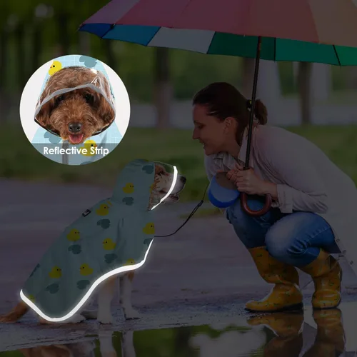 Vista 7 de SlowTon Chubasquero para perros, chaqueta de lluvia ajustable para perros con capucha transparente de doble capa, poncho impermeable con tiras