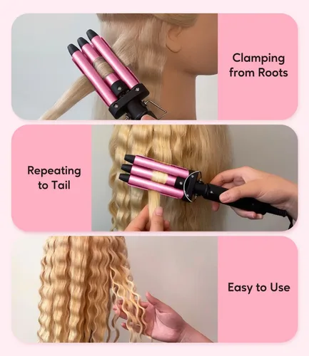 Vista 7 de Mini crimpadora para cabello corto de 12 pulgada, pequeña herramienta de ondas de playa, rizador de 3 barriles con infusión de aceite de argán