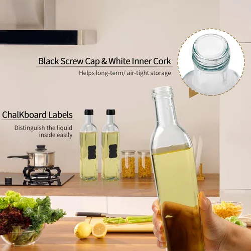Vista 4 de BAKHUK 4 Pack 17oz Olive Oil Dispenser Bottles, 500ml Clear Glass Vinegar Cruet with Pourers and Funnel for Kitchen