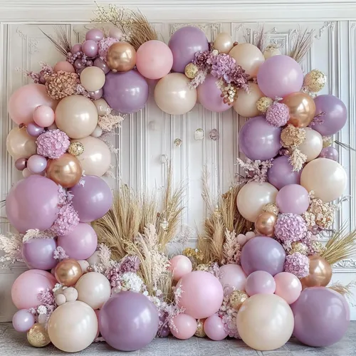 Vista 10 de Kit de arco de globos de color azul polvoriento, beige dorado, doble relleno, azul claro, perla, blanco, arena, cromado, dorado, para bodas