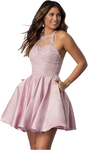 WaterDress Vestidos cortos de satén con apliques de encaje y bolsillos, vestidos de cóctel para adolescentes WD029
