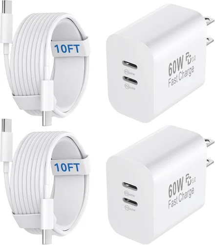 Vista 19 de Cargador para teléfono 15/16/17 Pro Max de carga rápida, bloque de carga USB C de doble puerto de 20 W con cable de carga USB C a C de 6.6 pies