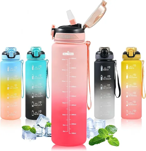 Vista 8 de Botella de agua con popote de 1 litro, botellas de agua para niños con popote de 1 litro, botella de agua deportiva a prueba de fugas, botellas