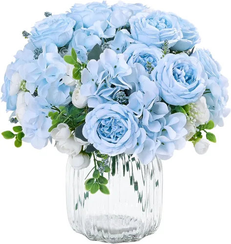 MARTINE MALL 2 Paquetes de Flores Artificiales de Peonía, Flores Artificiales Azules de Peonía, Flores de Seda de Peonía, Flores de Peonía Falsas,