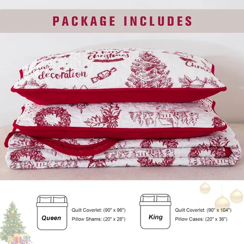 Vista 7 de Xruibed Juego de edredón navideño tamaño Queen, con diseño de muñeco de nieve en aldea navideña, colcha con fundas de almohada, edredón rojo