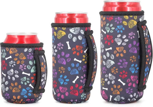 Vista 30 de 3 Pack de fundas aisladas reutilizables de neopreno con asa para soda, bebida energética, refresco, cerveza, seltzer duro, fundas para latas de 12