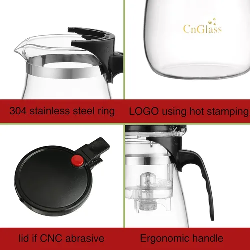Vista 8 de Tetera de vidrio CNGLASS con infusor extraíble, tetera de té transparente de 25oz con un botón de presión para filtrar la sopa de té, juego de té