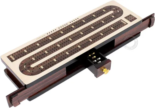 Caja/tablero de cribbage continuo House of Cribbage con palisandro incrustado, 3 pistas de arce de 12 pulgadas, tapa corredera, cajón