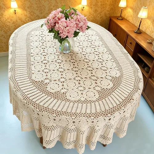 Vista 5 de USTIDE Mantel ovalado vintage de ganchillo de algodón beige para mesa de mesa ovalada rústica para bodas/fiestas, 59 x 82.6 pulgadas