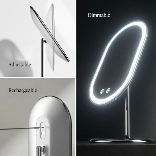 Vista 7 de Fancii Vera Espejo de Maquillaje Iluminado con LED Recargable, Espejo Cosmético Inalámbrico con 3 Ajustes de Luz Regulables, Aumento Dual (Cromo)