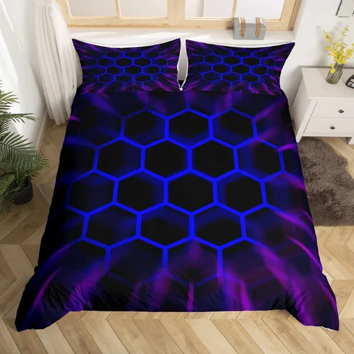 Vista 11 de Juego de ropa de cama de panal de abeja, funda de edredón geométrica 3D de colmena hexagonal de colmena tamaño Queen para niños y hombres, funda