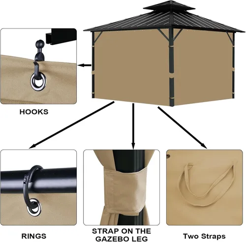 Vista 5 de Cortina de Privacidad de Repuesto Universal para Gazebo, Cortina para Gazebo de 10'X10' Impermeable para Exteriores, 4 Paneles de Cortinas Laterales