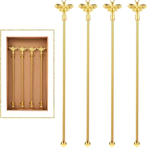 4 piezas de agitadores de cóctel Bumble Bee, varillas de acero inoxidable de 19 cm con parte superior decorada en oro para mezclar cócteles
