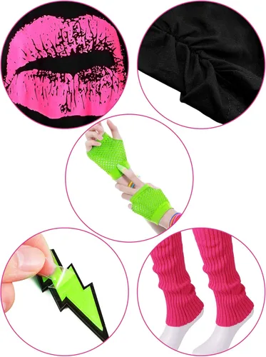 Vista 3 de Blulu Halloween 80s Costume Accessories Set T-Shirt Tutu Headband Earring Necklace Leg Warmer