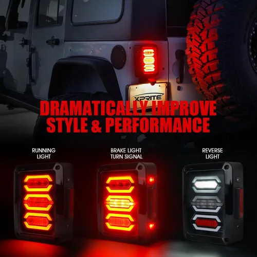 Vista 4 de Xprite - Conjunto de luces traseras LED con lente transparente roja, con señal de giro, marcha atrás y luz de freno, Plug & Play compatible con Jeep