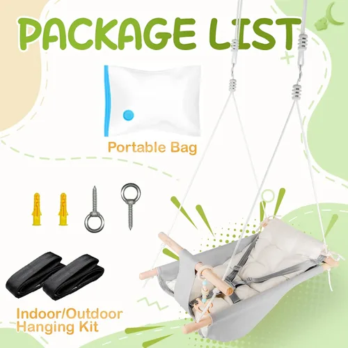 Vista 4 de Columpio de bebé para interiores y exteriores, columpio de hamaca de lona para bebé a niño pequeño con un asiento cómodo, juguete de madera tipo