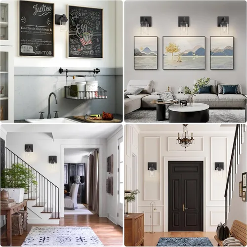 Vista 8 de Espird Juego de 2 apliques de pared negros mate, con pantalla de cristal transparente, lámpara de montaje en pared para dormitorio, espejo y sala