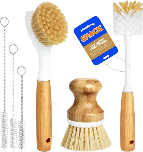 Vista 9 de Holikme Juego de 6 cepillos de cocina con cepillo de palma vegetal, cepillo para botellas, cepillo para platos y cepillo para pajilla, cepillos
