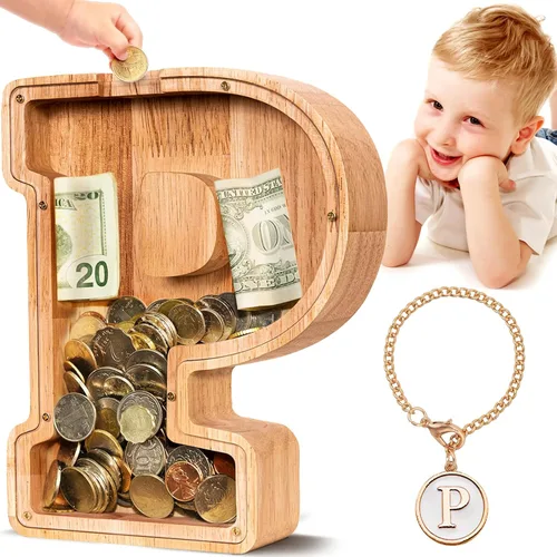 Vista 59 de SummiDate Alcancía de madera de letra para niños y niñas, Alfabeto, regalo de cumpleaños para niños (W)