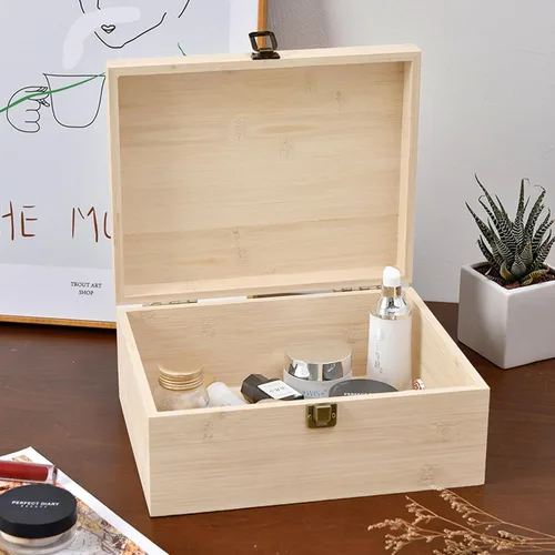 Vista 7 de Paquete de 2 cajas de madera sin terminar, caja grande de madera con tapa con bisagras, cierres frontales, cajas de madera natural