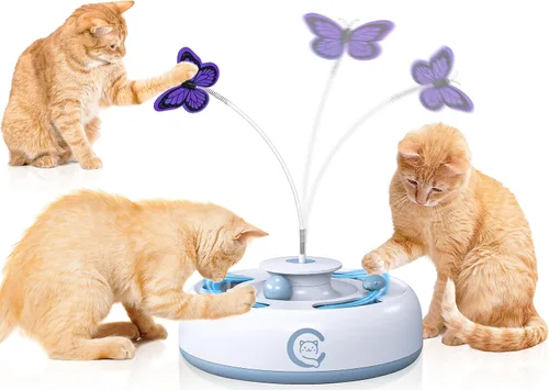 Kezlume Cat Toys - Juguete interactivo automático 3 en 1 para gatito, ratón de emboscada en movimiento, mariposa aleteando, bolas de pista,