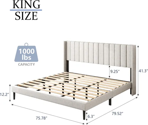 Vista 68 de Base de cama tamaño Queen con cabecera tapizada con respaldo de ala, plataforma de fácil montaje, soporte de listones de madera, no necesita somier