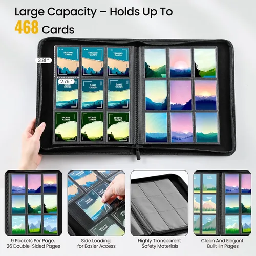 Vista 4 de Carpeta de 9 bolsillos para tarjetas coleccionables con 500 fundas para tarjetas, 26 páginas de carga lateral con capacidad para 468 tarjetas
