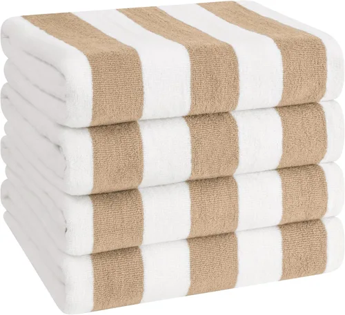 American Soft Linen Cabana - Toallas de playa a rayas, 30 x 60 pulgadas, 4 piezas, toallas de piscina de gran tamaño, secado rápido, sin arena, Beige