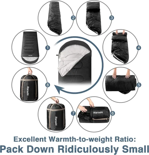Vista 6 de Atarashi - Saco de dormir de camping para 4 estaciones para adultos, ligero, cálido, extragrande con saco de compresión - Ideal para senderismo