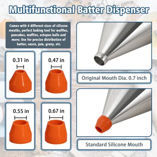 Vista 3 de MyLifeUNIT Dispensador de masa para panqueques, dispensador de pastel de acero inoxidable de calibre múltiple de 20 onzas con soporte