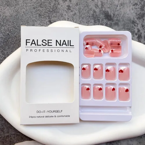 Vista 5 de Uñas postizas cuadradas cortas a presión para el día de San Valentín, uñas blancas francesas con pegamento, uñas postizas con diseño de corazón