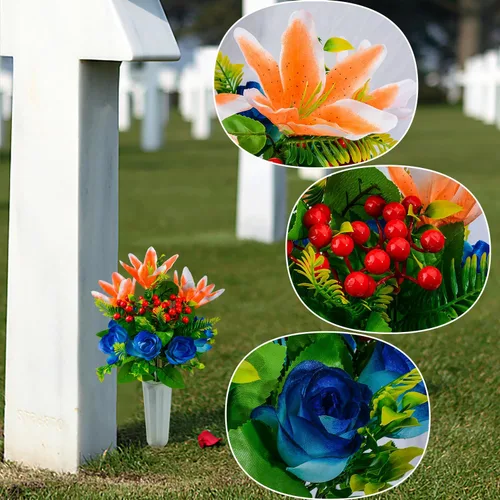Vista 4 de XONOR Flores artificiales de cementerio para tumba, juego de 4 flores artificiales, ramo de flores conmemorativas con jarrón para cementerio al aire