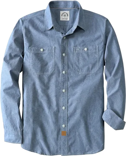 Vista 7 de Dubinik® Chambray - Camisa de trabajo de algodón de manga larga para hombre, con 2 bolsillos, casual, con botones