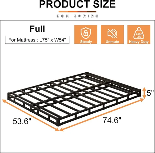 Vista 2 de EMODA Base de cama tamaño matrimonial de 5 pulgadas, base de colchón de metal resistente de 3000 libras con funda de tela, fácil montaje, color negro