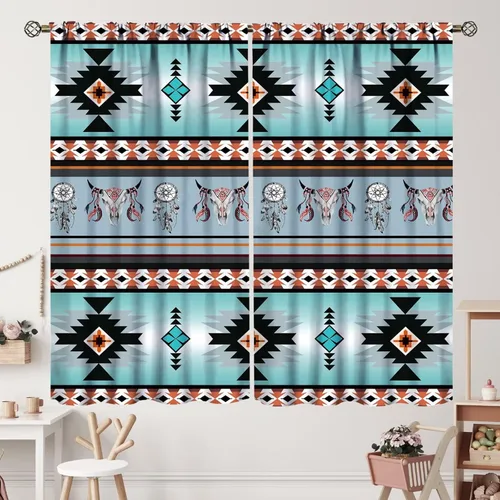 Vista 116 de Cortinas con patrón geométrico tribal, estilo suroeste, azteca, rústico, occidental, nativo americano, opacas, con bolsillo para barra, decoración