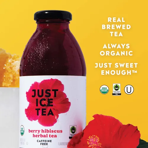 Vista 3 de Just Ice Tea Té helado orgánico, botellas de vidrio de 16 onzas líquidas (té de hierbas de hibisco de bayas, paquete de 12)