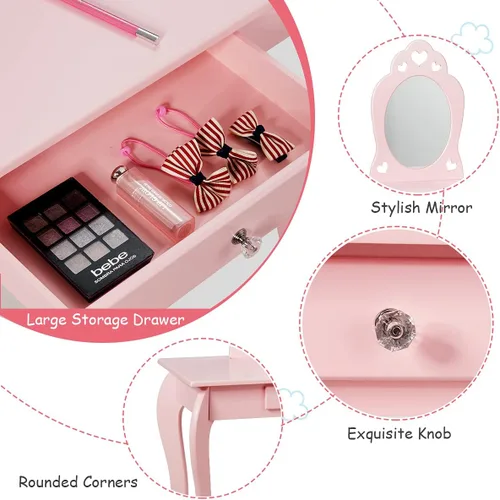 Vista 4 de INFANS Juego de mesa y silla de tocador de princesa de madera 2 en 1, mesa de maquillaje para niños con espejo real desmontable, cajón grande, juego