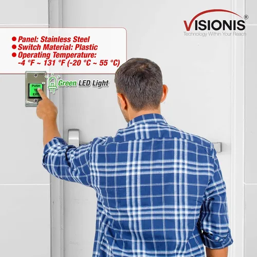 Vista 3 de Visionis VIS-7040 Interior Verde Rojo Azul Cuadrado Solicitud de Salida Botón para Control de Acceso de Puerta con Luz LED, NC, C y NO Salidas