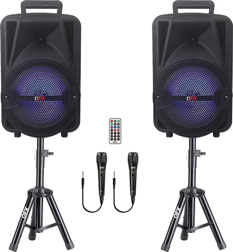 QFX PBX-800TWS Sistema PA estéreo TWS Bluetooth de 8 pulgadas con 2 altavoces de 8 pulgadas, 2 micrófonos, 2 soportes y un control remoto | Incluye
