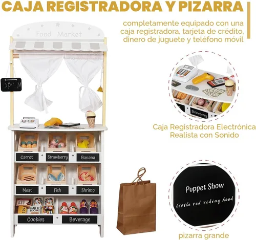 Vista 2 de Touch Us Juego de tienda de comestibles para niños, tienda de juegos de simulación y carrito de compras de supermercado de madera con caja