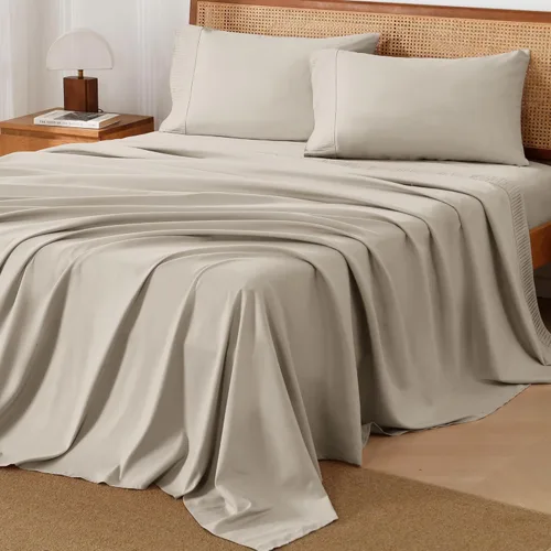 Vista 14 de Juego de sábanas Andency tamaño Queen de 4 piezas, sábanas súper suaves color Avena para cama tamaño Queen, juego de sábanas Queen de microfibra