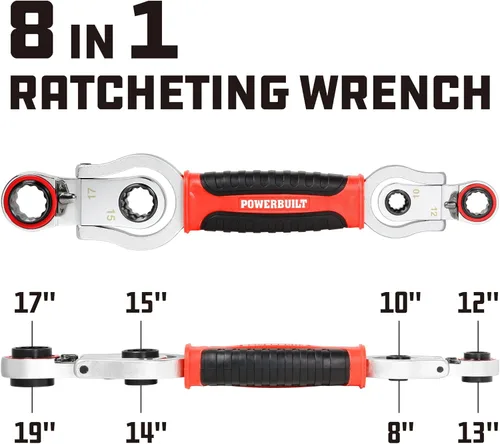 Vista 2 de Powerbuilt Llave de trinquete reversible 8 en 1, multiherramienta métrica, herramienta manual de 8 tamaños en 1, columpio de 5 grados, 72 dientes