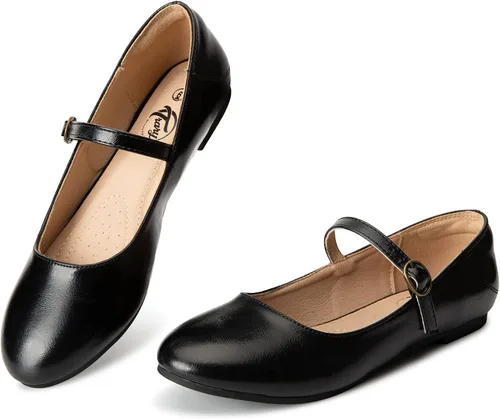 Trary Mary Jane - Zapatos planos de ballet, zapatos planos negros para mujer, con correa de tobillo, cómodos y elegantes