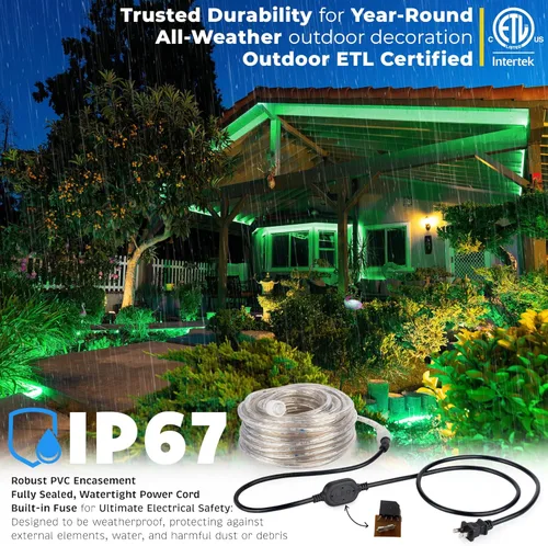 Vista 2 de WYZworks 108 LED, luz LED verde exterior de 10 pies, conectable, para exteriores, certificado ETL, iluminación exterior permanente, impermeable