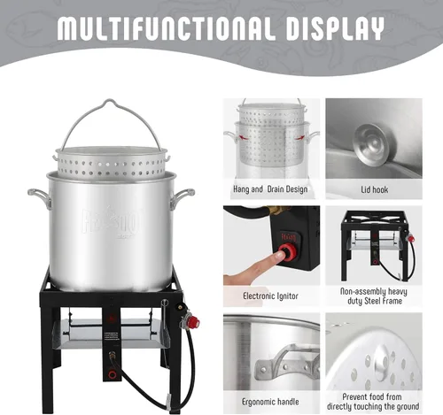 Vista 5 de Feasto Olla para hervir mariscos de 60 cuartos de galón con cesta y quemador, kit de olla y quemador de mariscos de aluminio con salida de 100,000