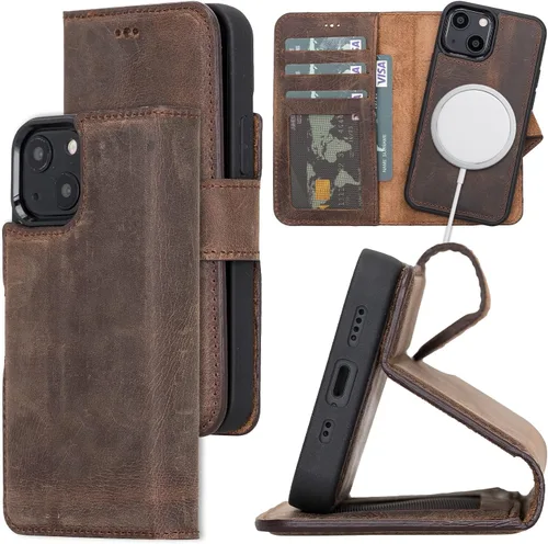 Vista 16 de Bayelon Funda para iPhone 13, funda de cuero de grano completo, [2 en 1] Cartera magnética desmontable para teléfono, funda abatible con ranuras