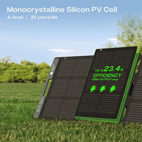 Vista 5 de ACACIA Panel solar portátil y biodegradable de 120 W para estación de energía de 300/500/1000/1500 W, cargador solar con soporte ajustable, célula