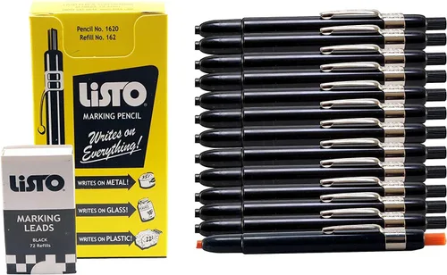 Listo Kit de lápices de marcado 1620/162, 12 lápices negros, 72 minas de recambio, incluye lápices de grasa/porcelana/cera y lápiz naranja